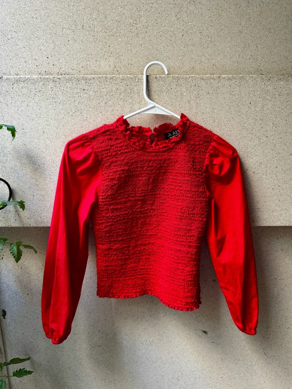 J. Crew Organic Cotton Smocked Ruffle Top in Tomato Red